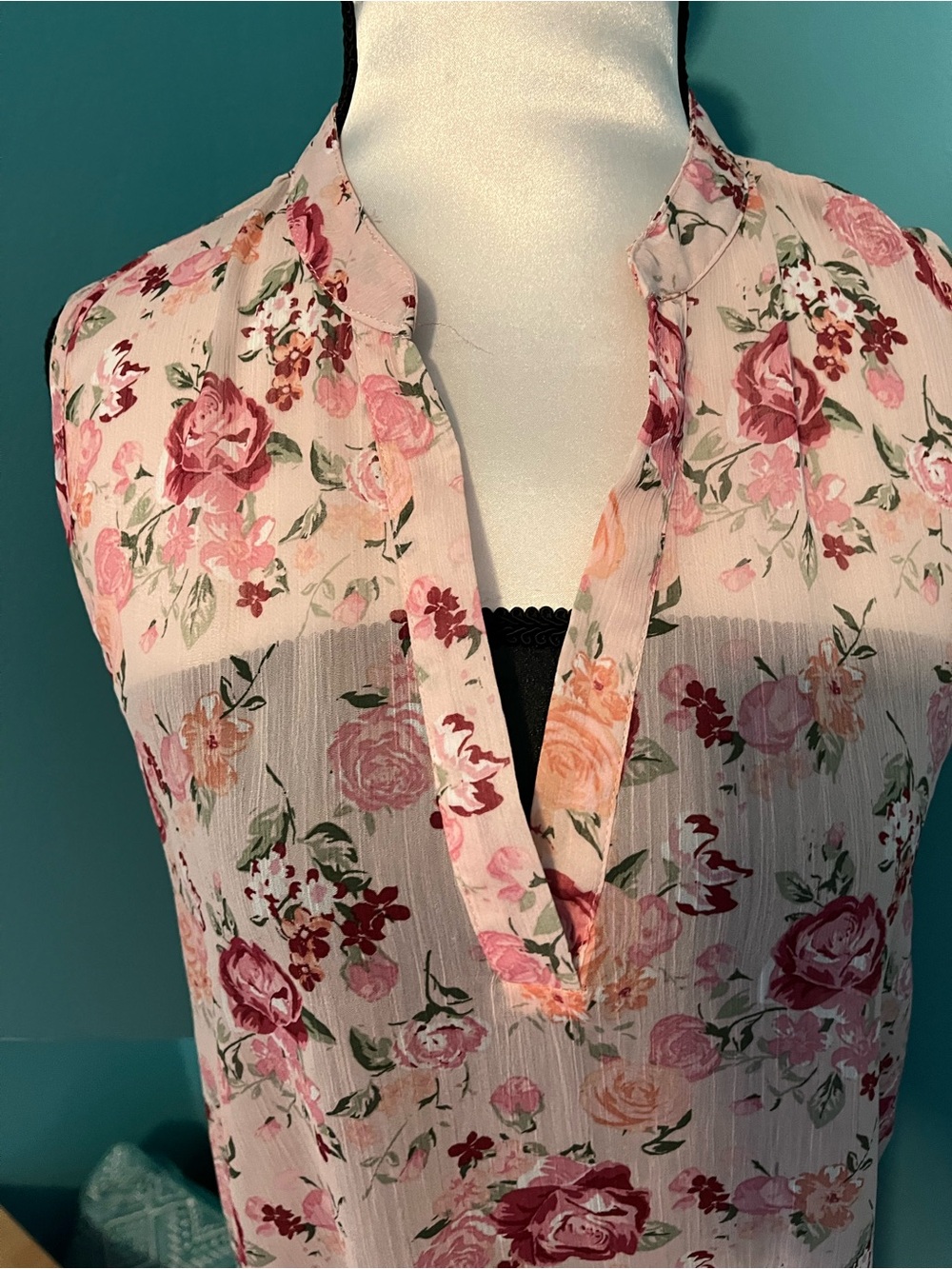Sheer Floral Split-Neck Sleeveless Top in Pink longer in back